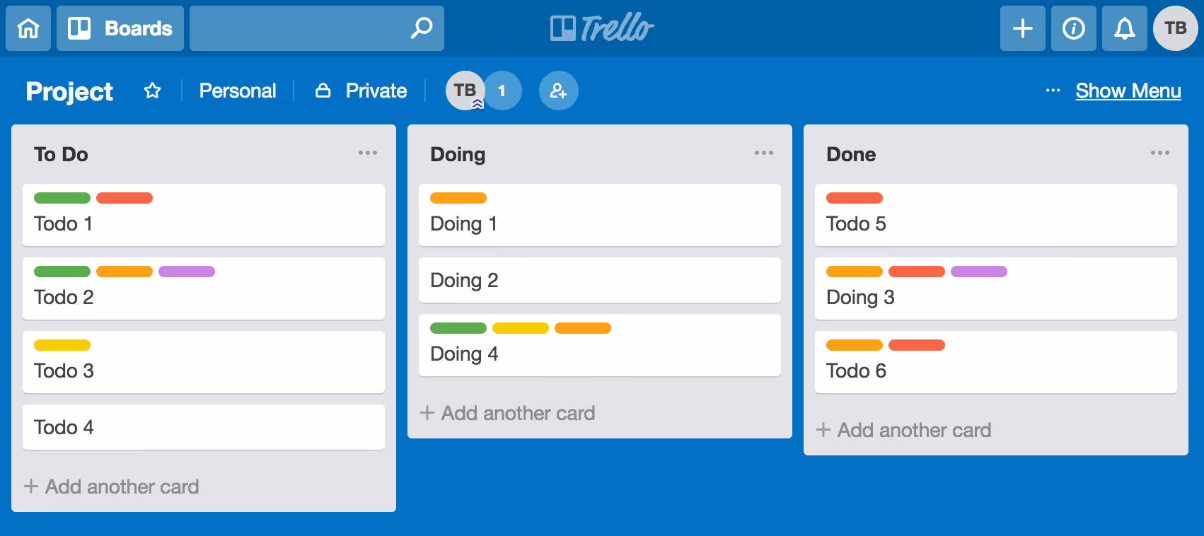 Image showing the non color blind mode of a web based application Trello