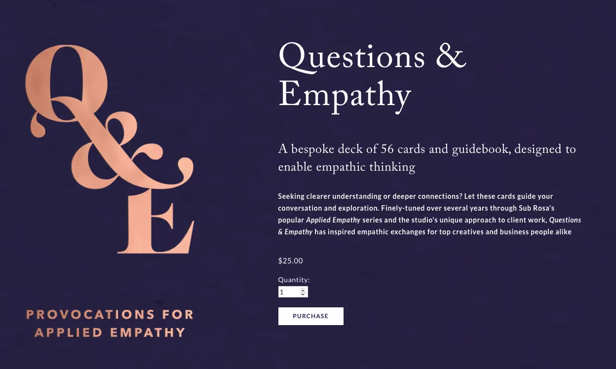 A screenshot of Sub Rosa's website which has card games to strengthen empathetic thinking in a playful way.