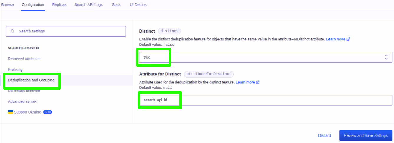 Deduplication and Grouping in the Algolia dashboard