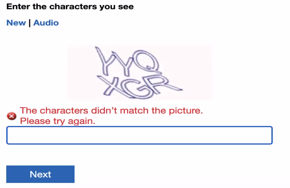 Recaptcha form with error message and another try