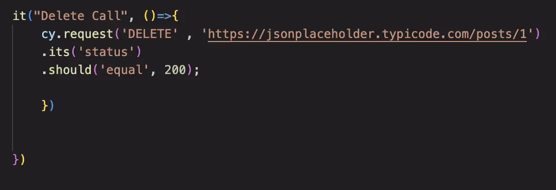 Cypress test syntax for DELETE Request.