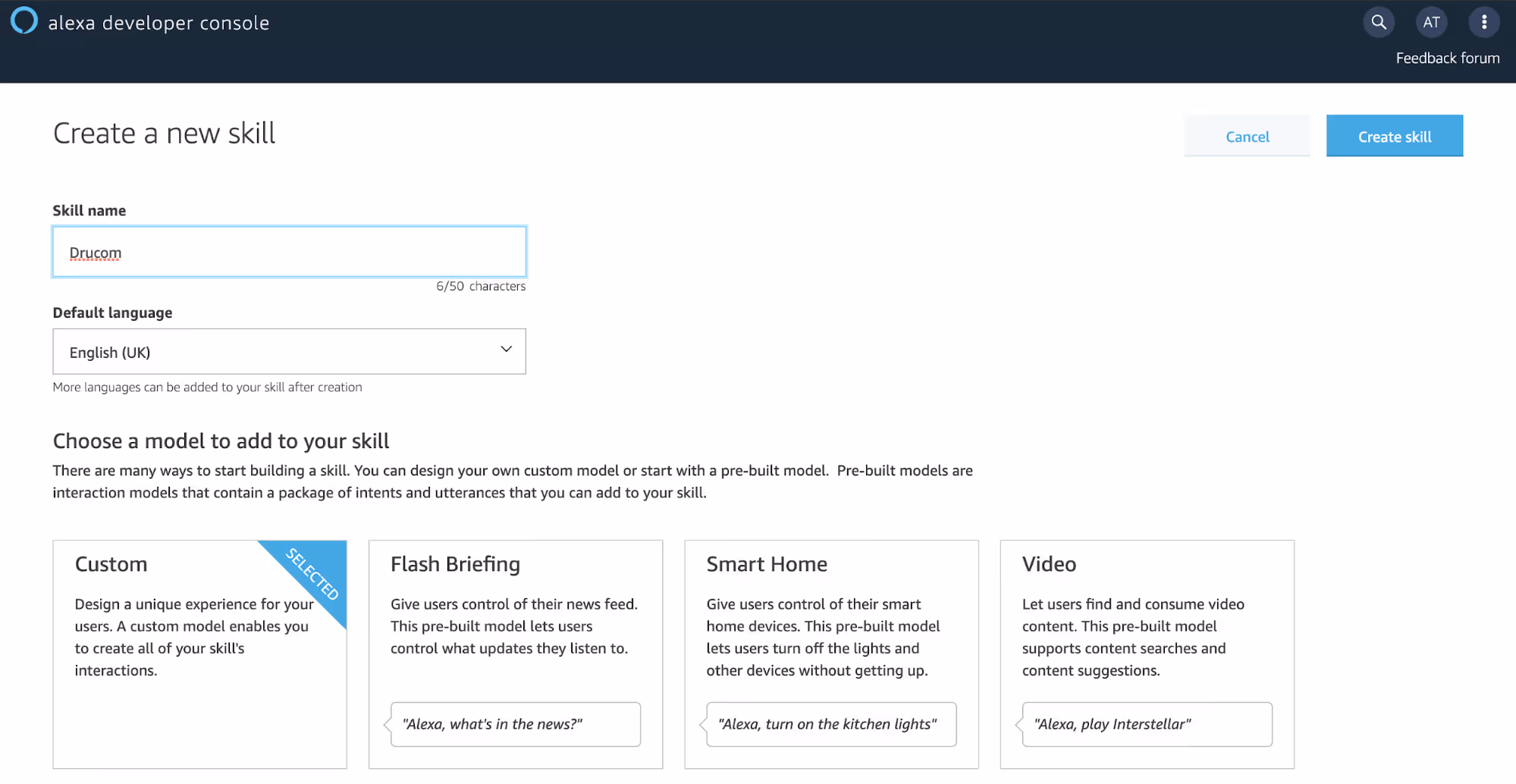 Custom skill for Alexa