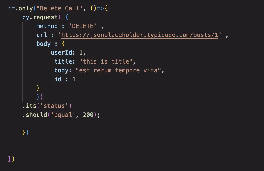 Cypress syntax for DELETE Request.