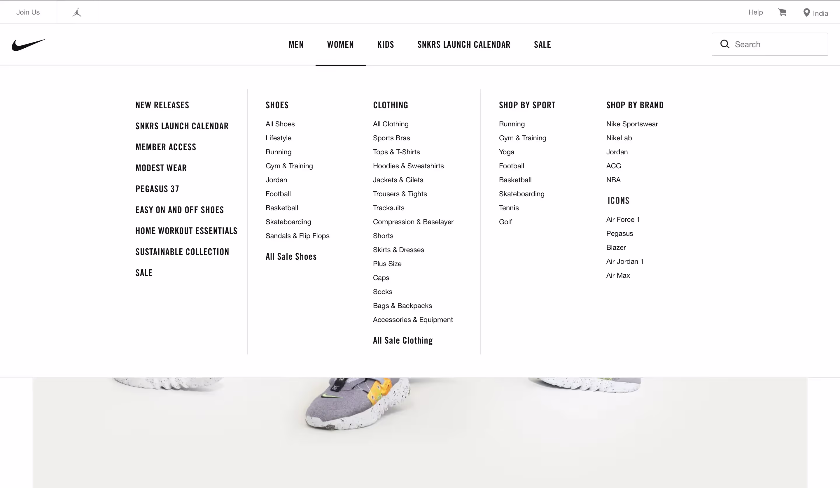 nike navigation menu