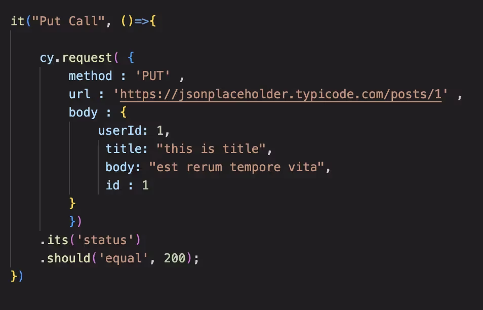 Cypress test syntax for the PUT Request.