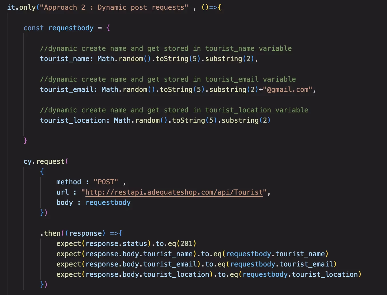 Cypress test syntax for Dynamic POST Request