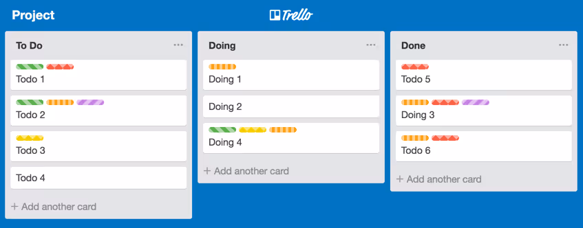 Image showing the color blind mode of the web based application Trello with labels which have colors as well as symbols of different kinds