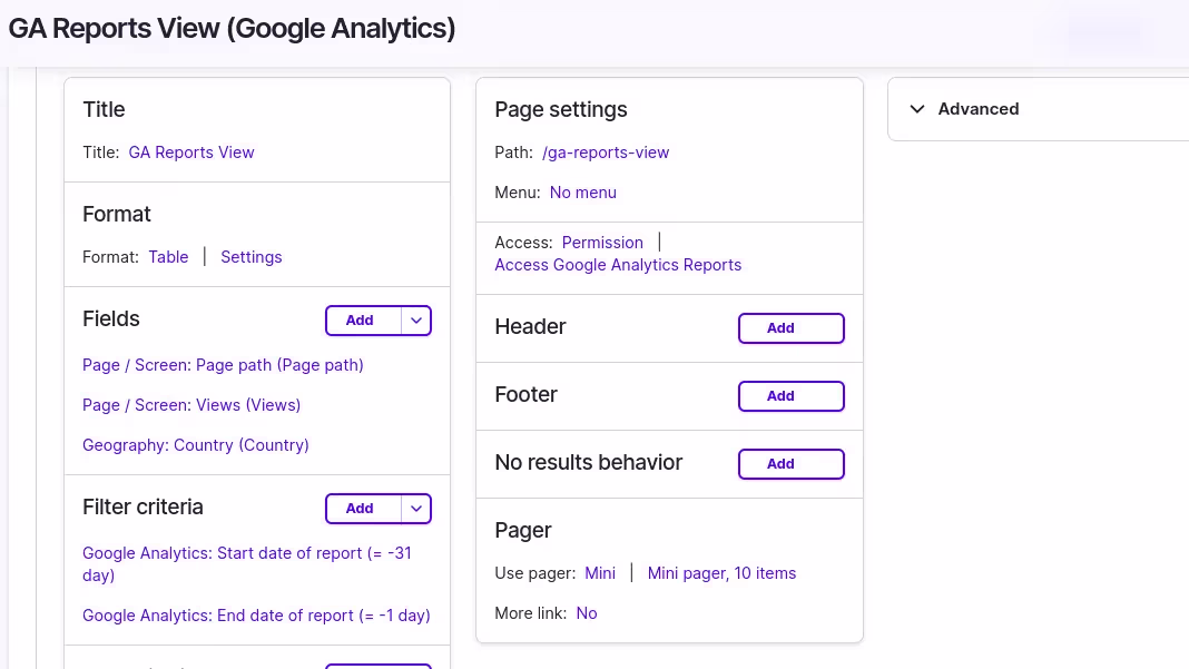 GA reports view
