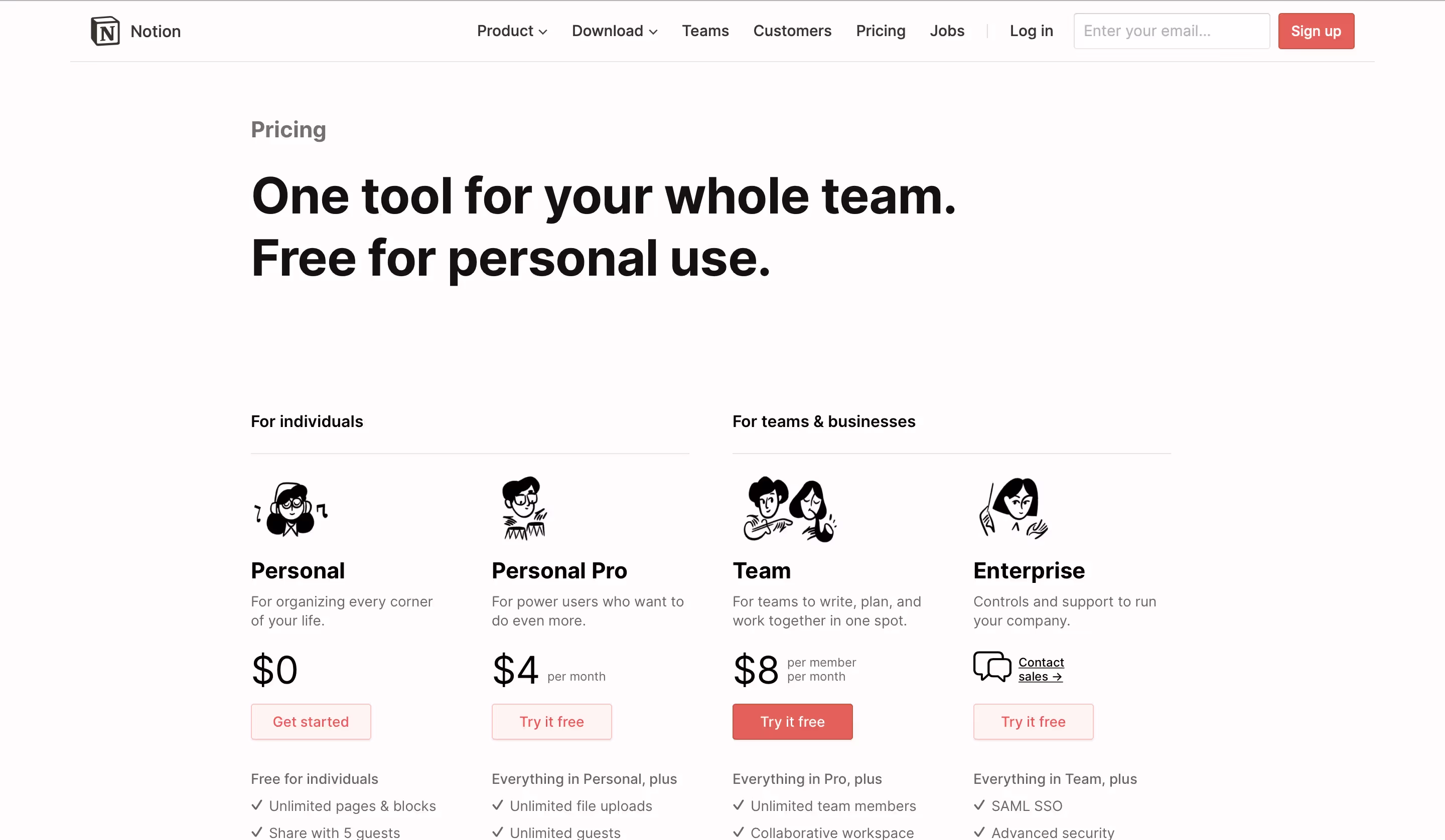 Notion Pricing page