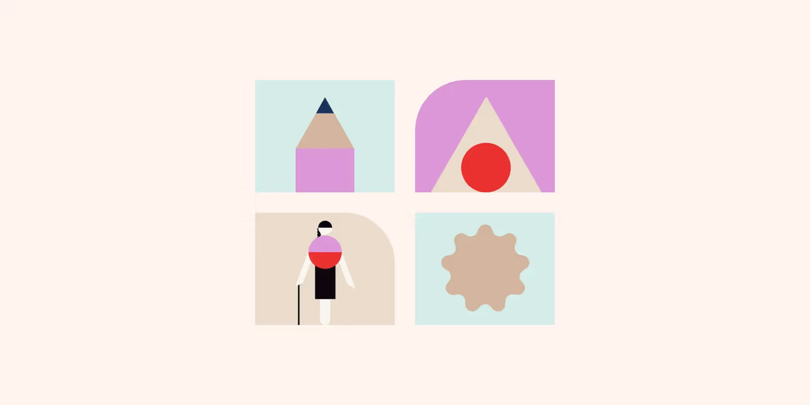 Flat illustration in four panels: a pencil, an abstract peak, a person walking with a white cane, and a scalloped disc
