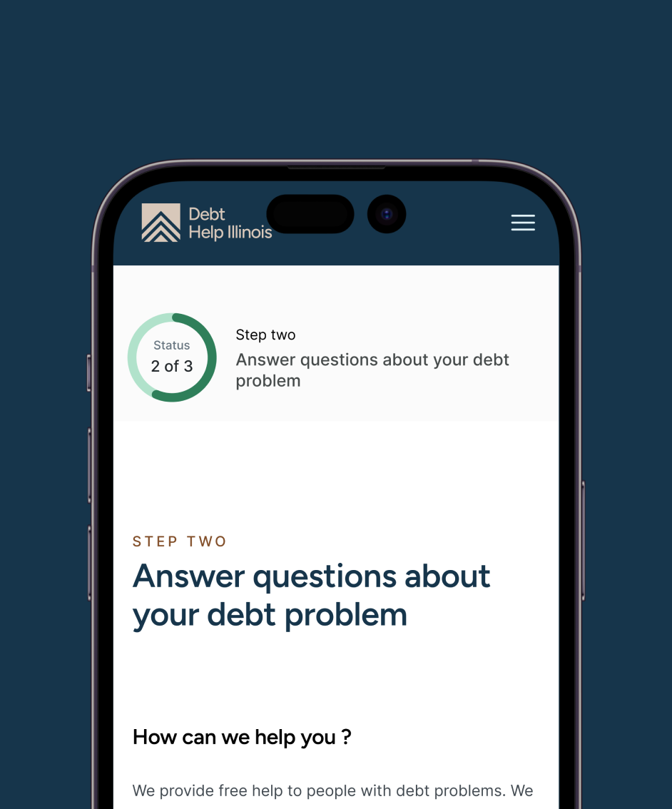 Debt Help Illinois mobile screen showing step two of the guided assessment: "Answer questions about your debt problem"
