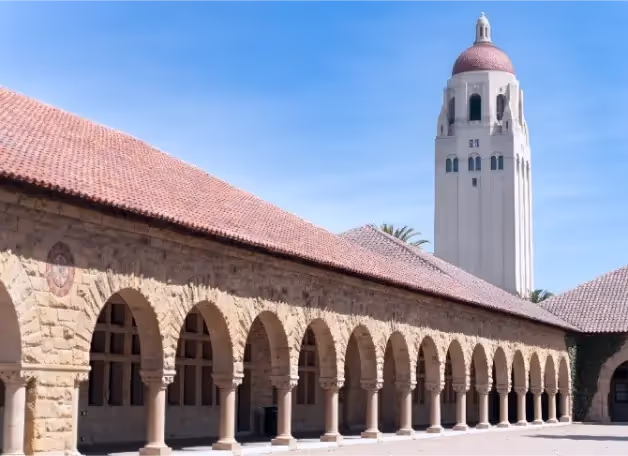 Stanford University's Main Quad arcade with Hoover Tower rising behind it