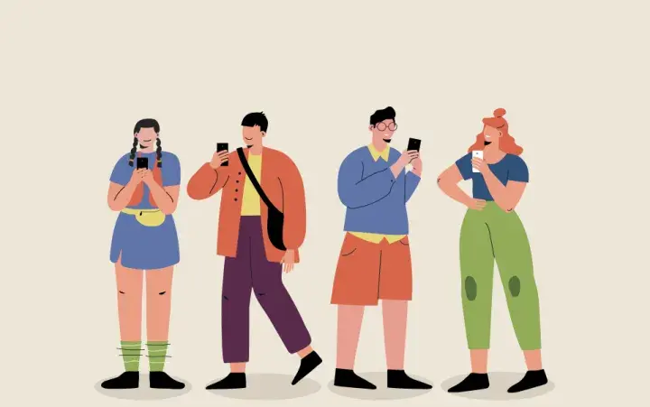 An image showing four human illustrations holding smart phones representing Gen Z -- that comprises of 9-24 age group.