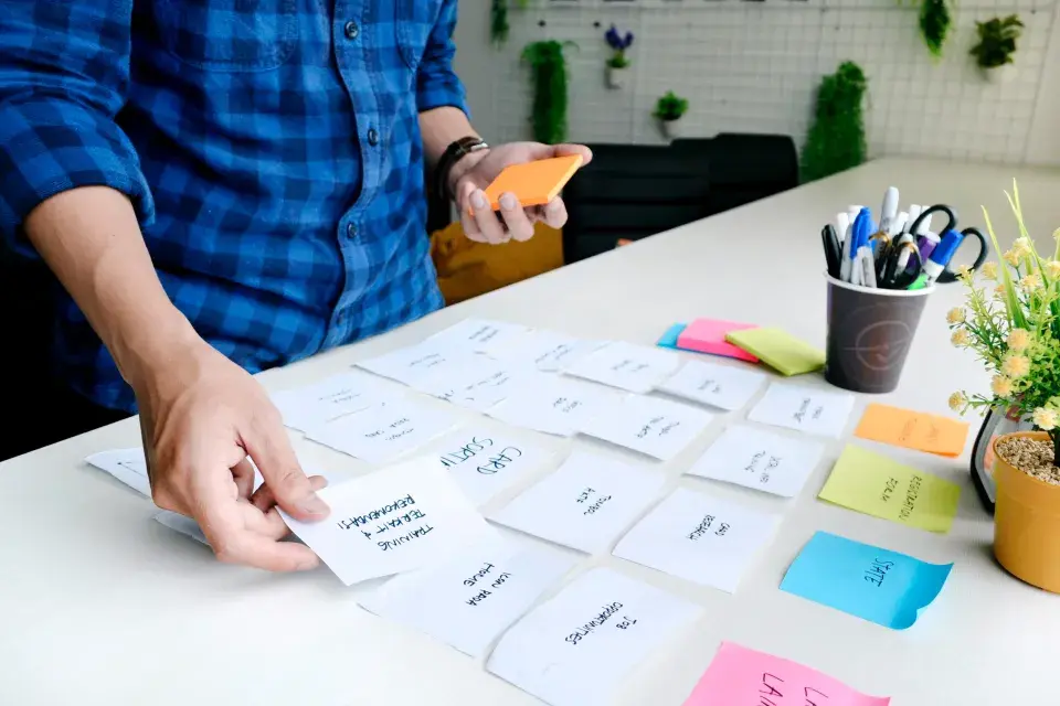 Picture showing sticky notes, writing and managing scenario.  