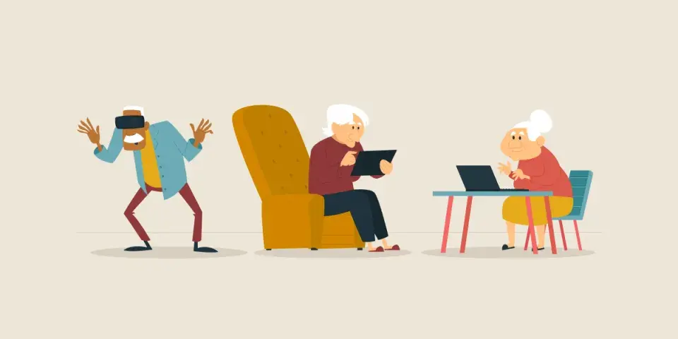 An image showing three human illustrations holding and working with different gadgets as boomers  -- that comprises of 56-75 age group.