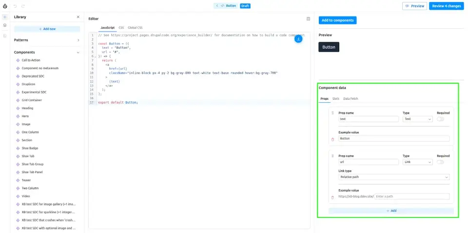Adding props to code components