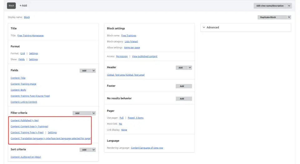 Configured filters and sorting criteria